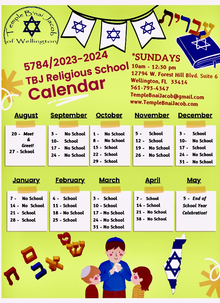 Religious School Calendar 2023-24 | Temple B'nai Jacob of Wellington